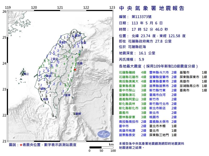 很抖! 花蓮縣外海「連兩震」芮氏規模5.9、4.0