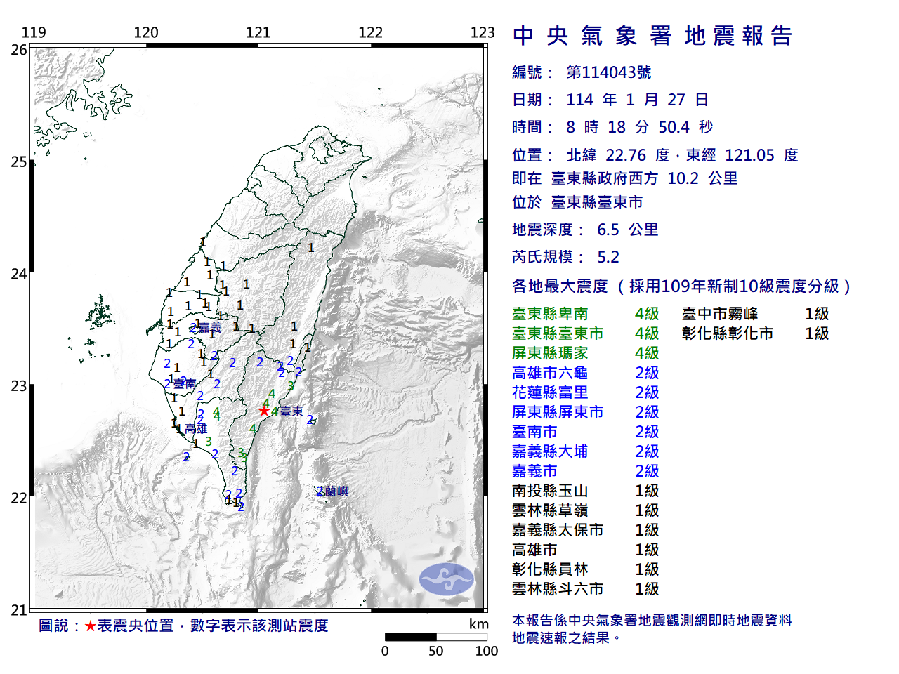 臺東市清晨地震震撼,芮氏規模5.2震源僅6.5公里!