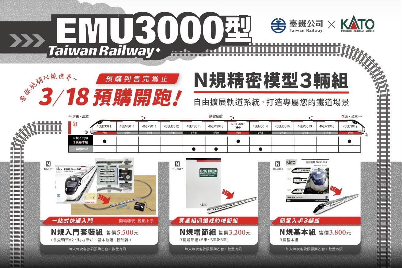 臺鐵 × KATO 再掀收藏熱潮！EMU3000型N規模型3輛組限量預購開跑！