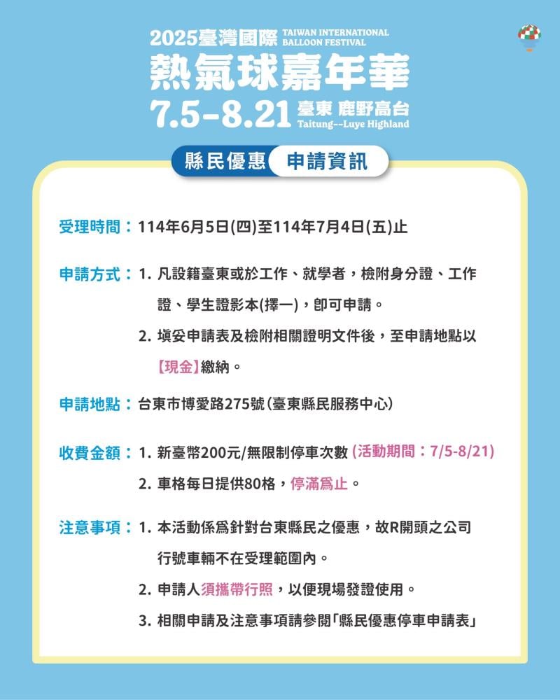 熱氣球嘉年華臺東縣民享200元無限次停車優惠