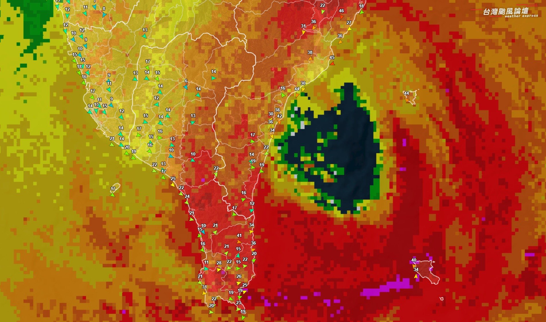 楊柳已在「台東太麻里」附近登陸! 預計傍晚左右於「台南至屏東」間出海