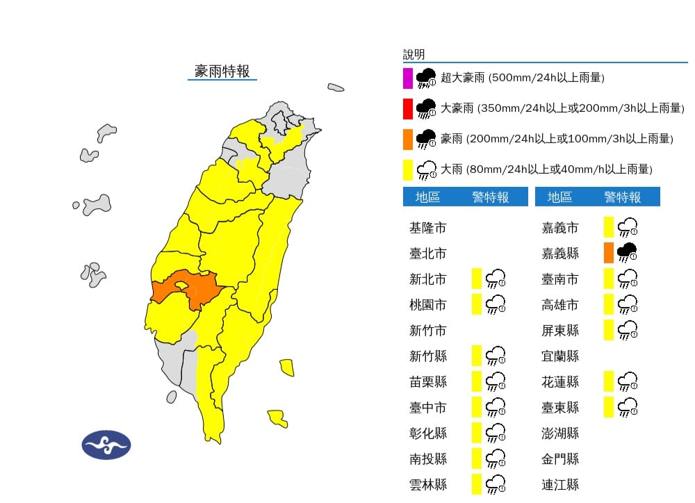對流雲系旺盛釀強降雨　氣象署籲中南部及東部地區嚴防豪大雨與積水