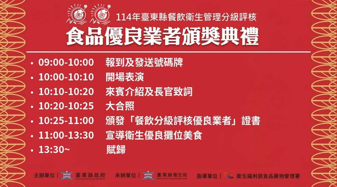 「餐飲衛生管理分級評核」結果出爐 ! 11/9公開頒獎表揚優良業者 