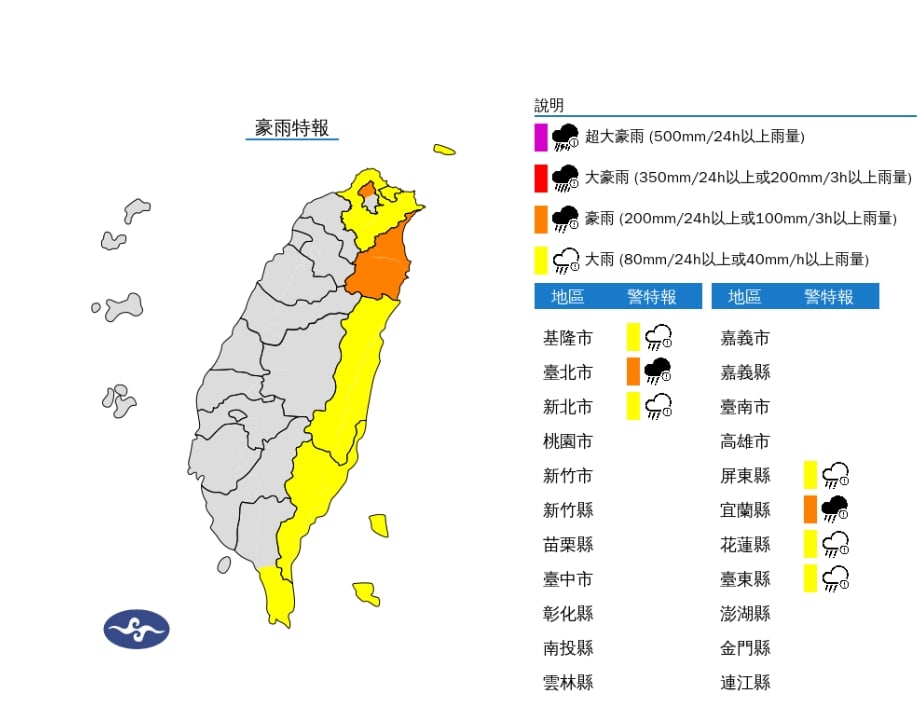 鳳凰颱風外圍環流挾東北季風　氣象署發布豪雨特報 宜蘭、北北基及花東地區慎防坍方、土石流與溪水暴漲