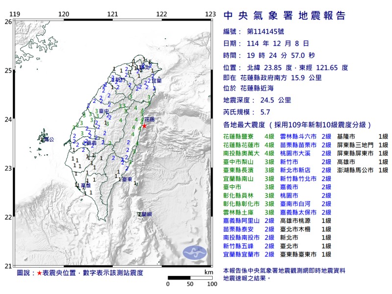 花蓮晚間發生芮氏規模5.7地震