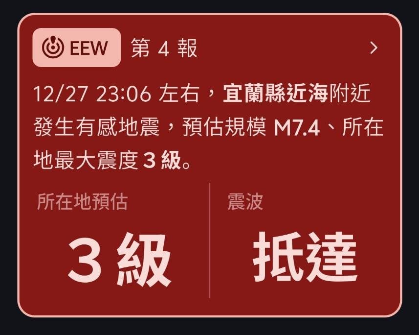 快訊》今(27)晚11:06劇烈地震，台東市區震度3級左右