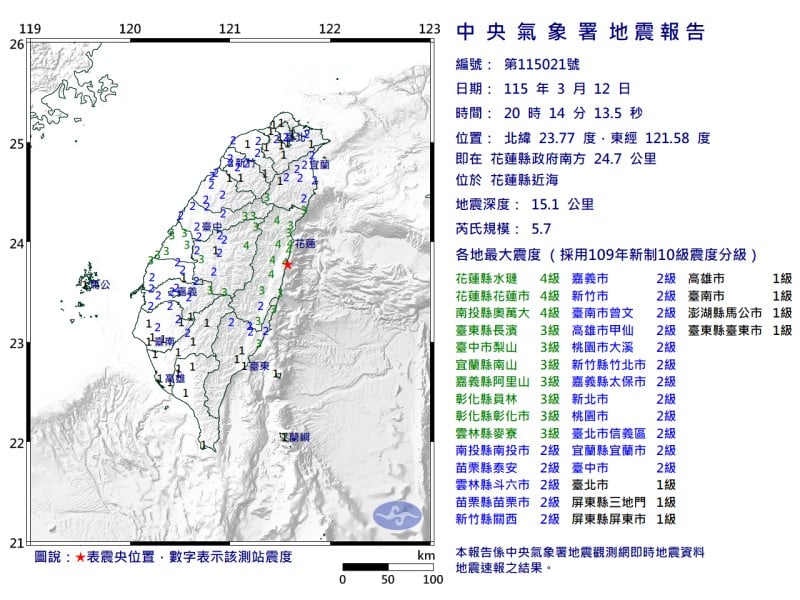 花蓮縣晚間發生芮氏規模5.7地震