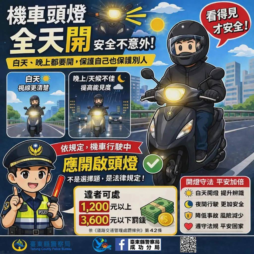 提升辨識降事故　成功警察分局呼籲機車騎士養成全天開燈好習慣