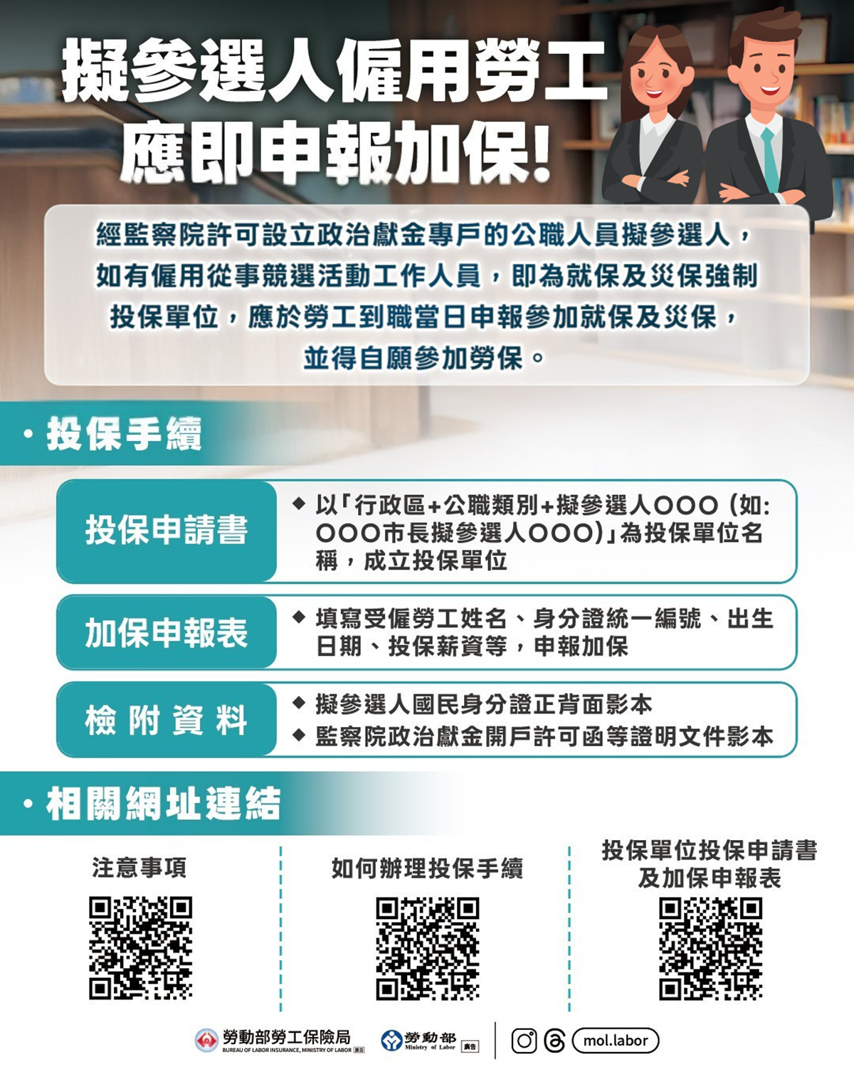 擬參選人僱用勞工應參加「就保、災保」得自願參加「勞保」
