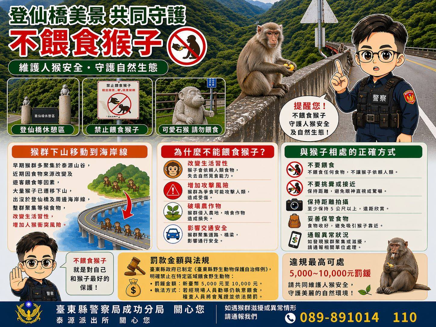 猴群下山到海岸線了 ! 成功分局提醒 :勿餵食維護人猴安全
