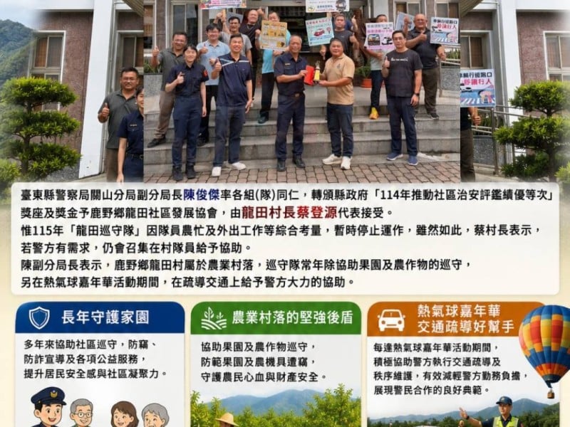 龍田社區獲頒社區治安評鑑績優獎項 關山警察肯定巡守夥伴長年守護地方治安