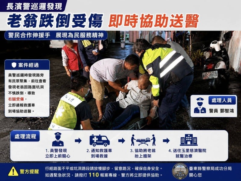 長濱警察巡邏發現老翁跌倒受傷　即時協助送醫展現為民服務精神