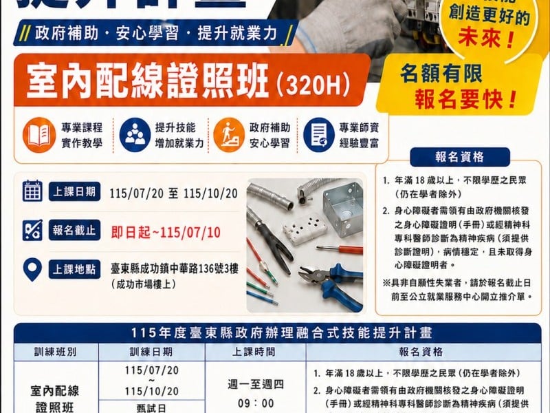 臺東室內配線證照班報名至7/10止
