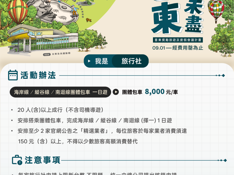 加碼延長旅遊時光！9月起住宿優惠最高再折1,500元、團體包車獎勵8,000元