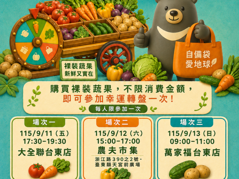 自備購物袋來抽好禮，臺東3場次蔬果裸賣 