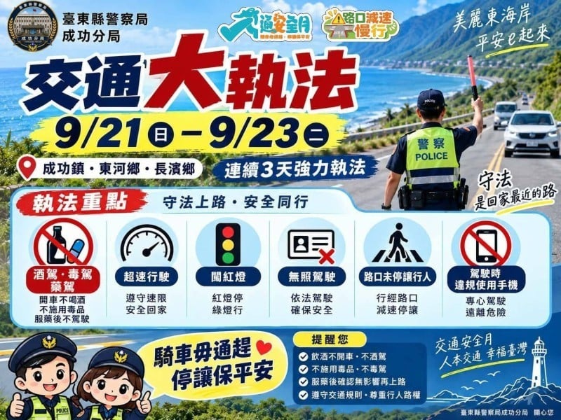 成功警9月21日起連續3天強力取締