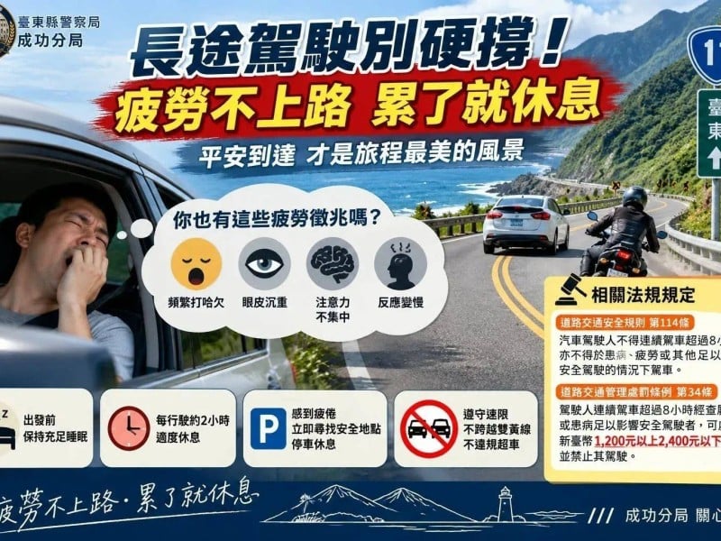 長途駕駛別硬撐！違規最高可罰2,400元 成功警籲疲勞不上路　